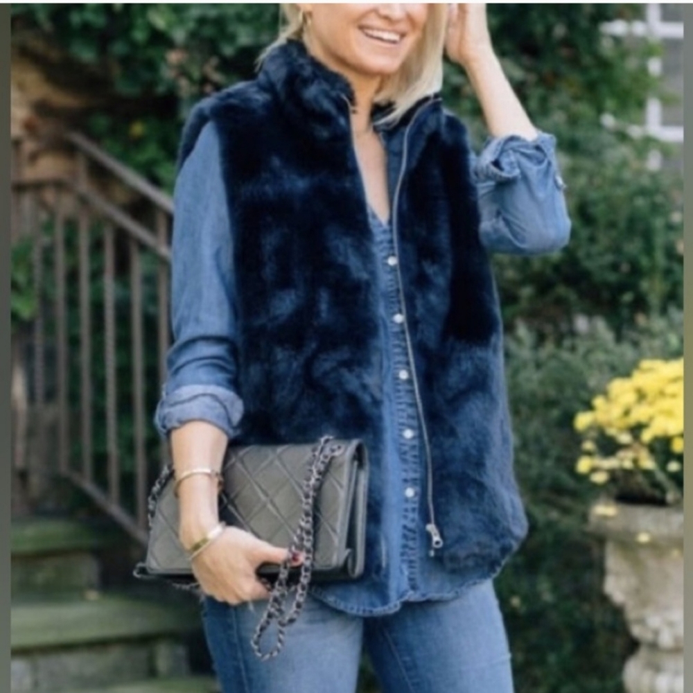 NWT J. Crew Navy Faux Fur Zip Up Lined Vest Size XXS